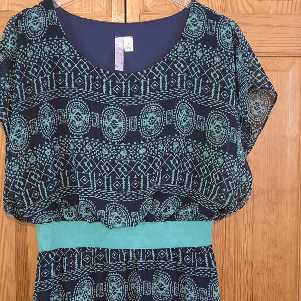 Alya Navy Aqua Geometric Print Elastic Waist Fit Flare Dress Womens Size L